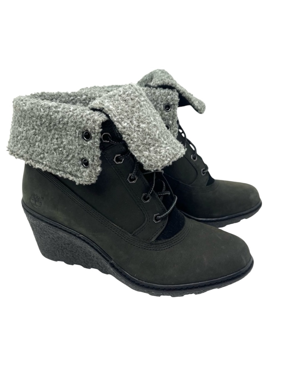 Timberland Women's Earthkeepers Amston Roll Top Fuzzy Black Wedge Booties